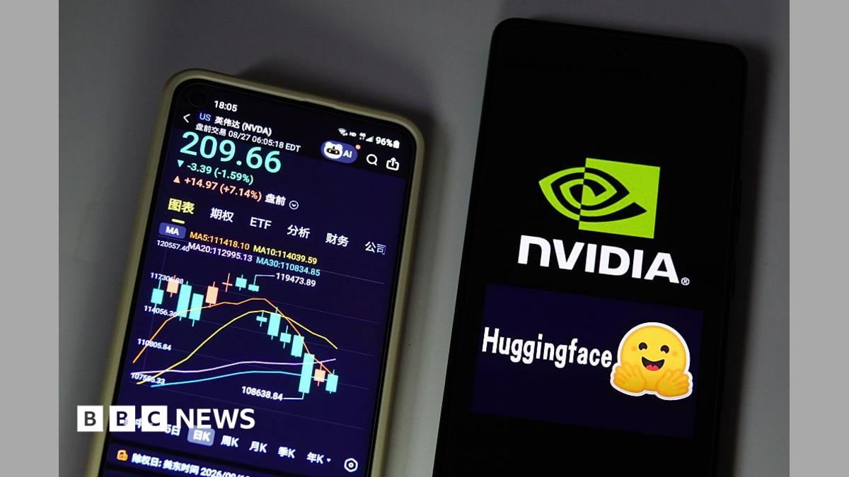 The stock price of NVIDIA displayed on a smartphone with NVIDIA and Hugging Face logo displayed in a smartphone in Yichang City, Hubei Province, China, on August 27, 2026.